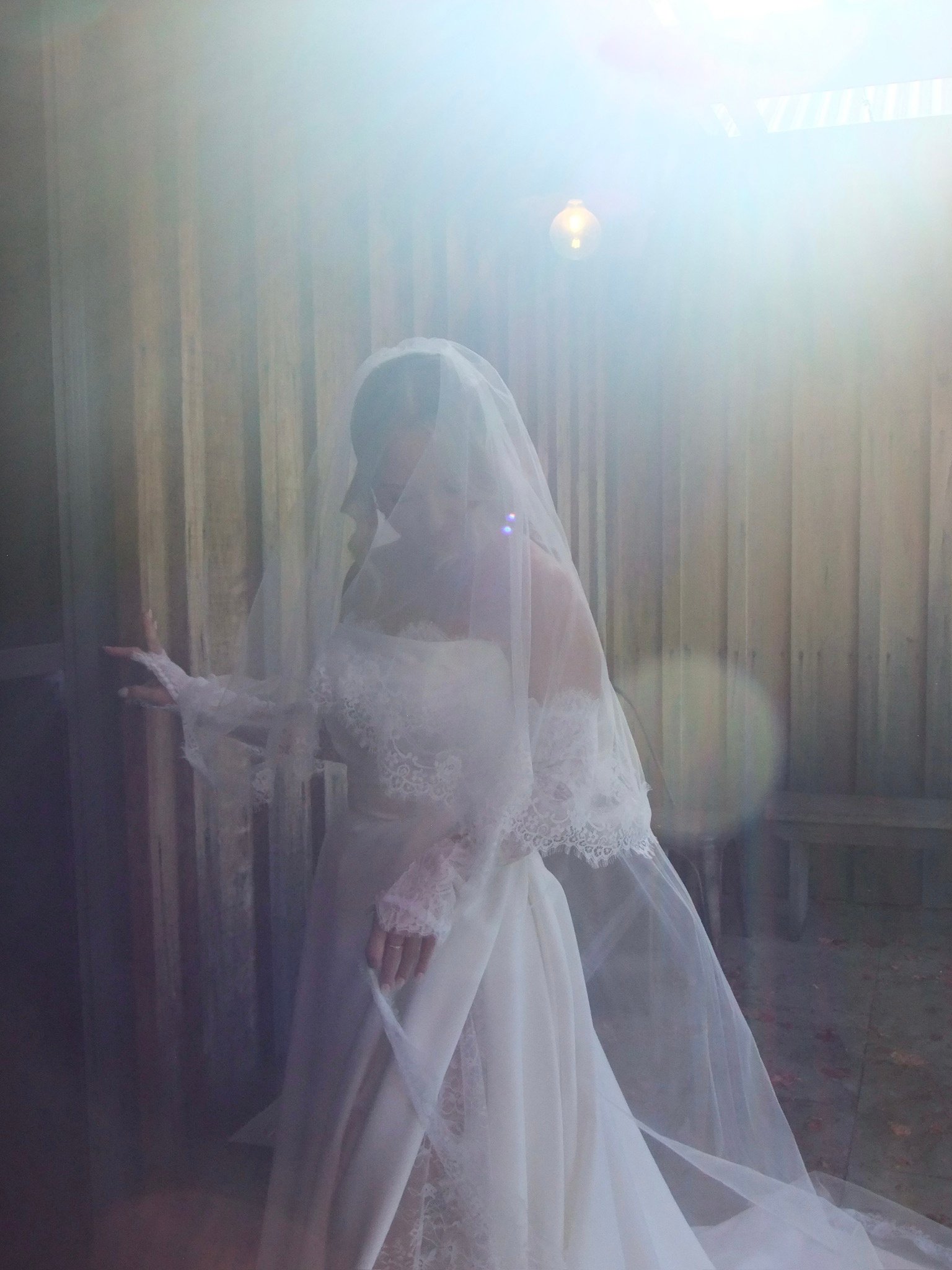 A bride in a veil, softly lit